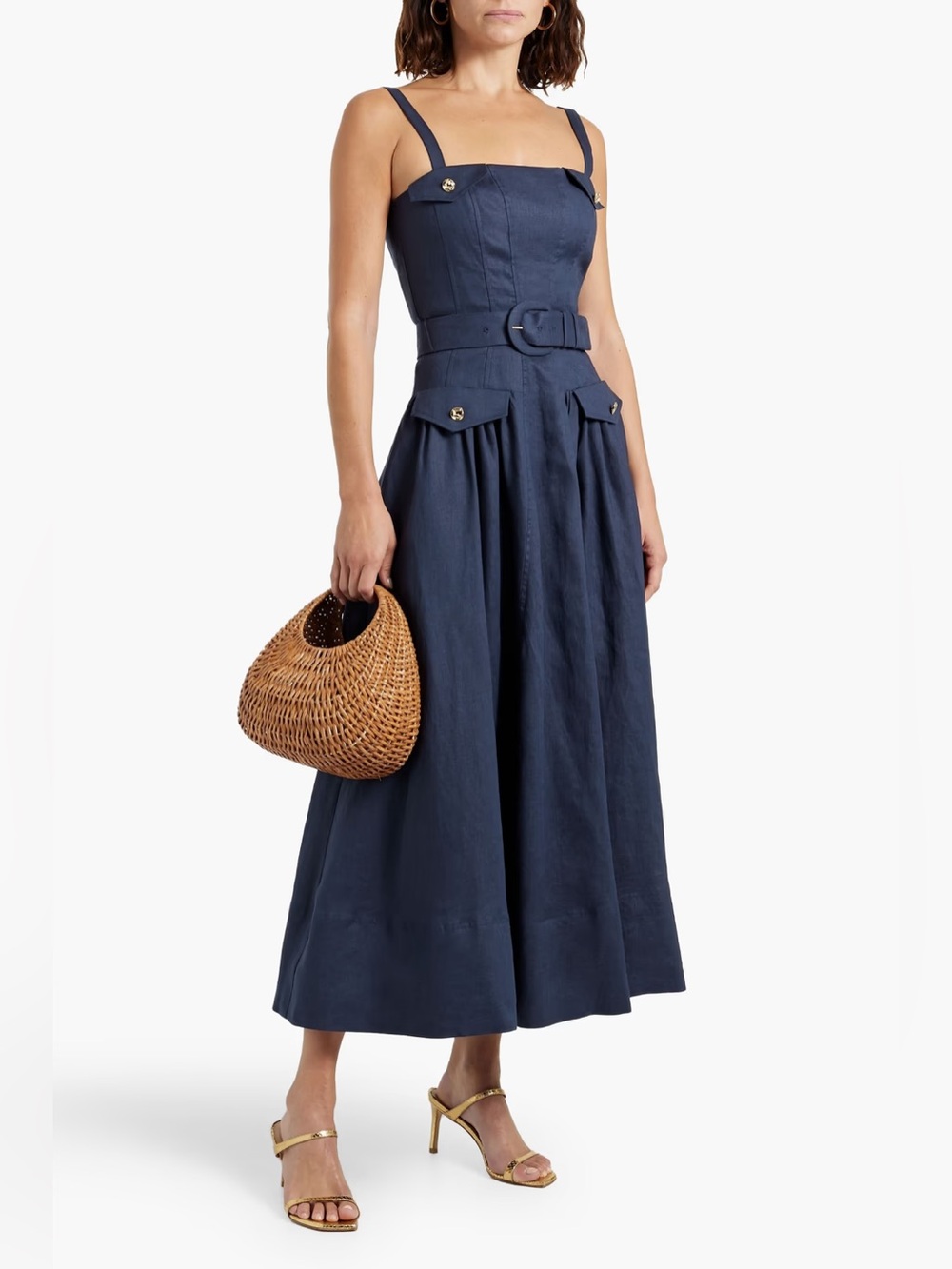 NICHOLAS || Shelby Ramina Belted Midi Dress Square Neck Fit Flare Navy Blue US 2
